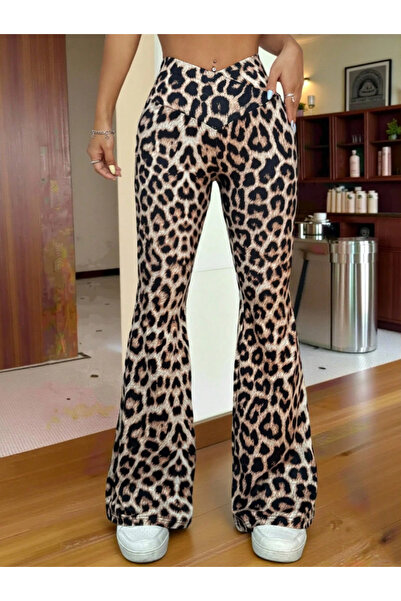 Dotail Jfan flared pants, leopard print, high waist, brown, size M