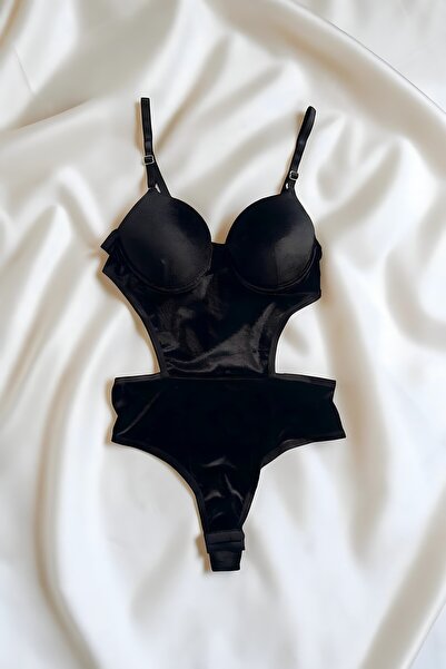 Luvensa Siyah Kadife Dolgulu Çıtçıtlı Bodysuit Babydoll