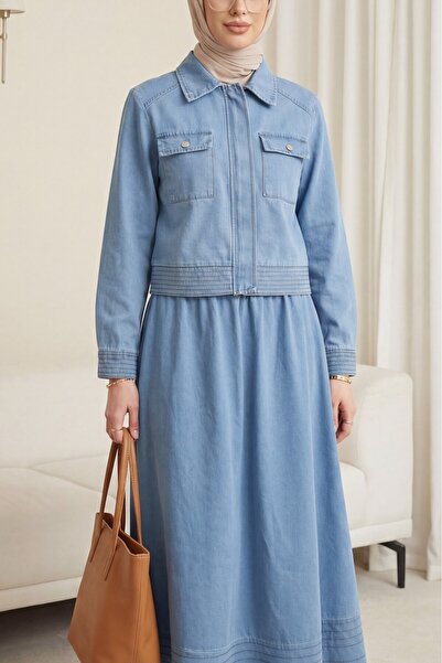 Modamorfo Denim Suit with Pocketed Flared Skirts and Invisible Zipper Top - I...