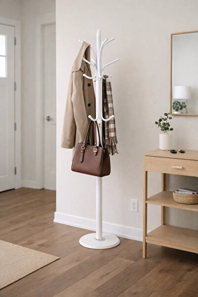 MARIA HOMES Modern White Metal Coat Rack Stand with Multiple Hooks