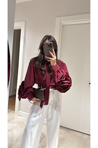 BellaVita Botuique Gül Kol Detaylı Şık Gömlek (Siyah & Bordo)