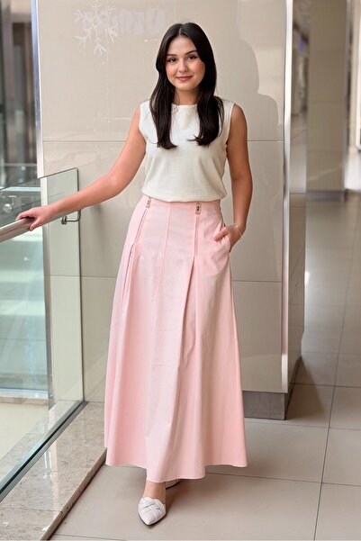 Ceremony Beli Boncuk İşlemeli Önden Pileli Denim Etek