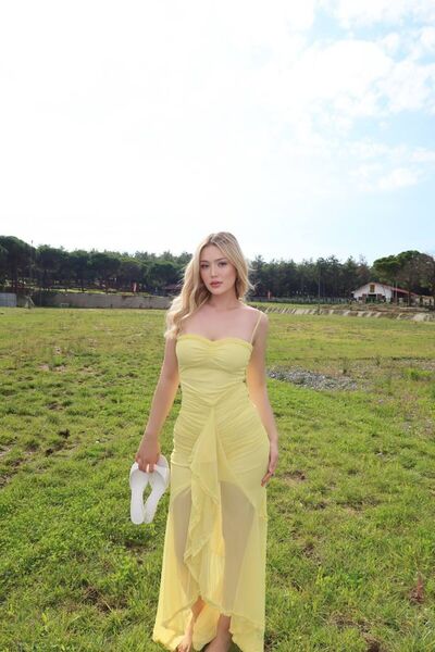 Tumtum Wear Drapeli Volanlı İnce Askılı Elbise