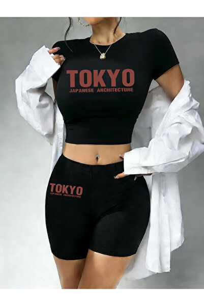 NOISSEY Ζεστό γλυκό ιαπωνικό Tokyo Letter με τύπωμα Babby Tee και σορτς γυναι...