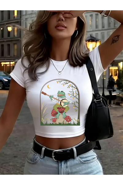 NOISSEY Žaba svira bendžo na gljivi Štampano Ženska Babby majica Ljeto Visoka...