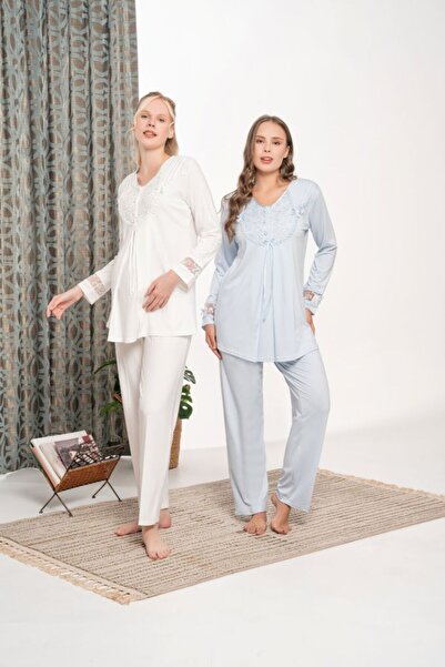 Lohusa Homewear New Season Ecru Maternity Maternity Buttoned Long Sleeve Desi...