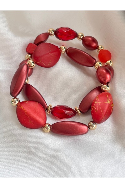 COCOSH TAKI Burgundy Color and Gold Detailed Double Combination Bracelet