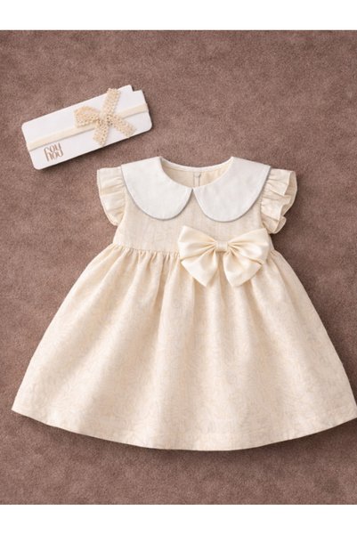 Noy Noy Baby Girl Buckled Stylish Beige Dress with Bow Collar