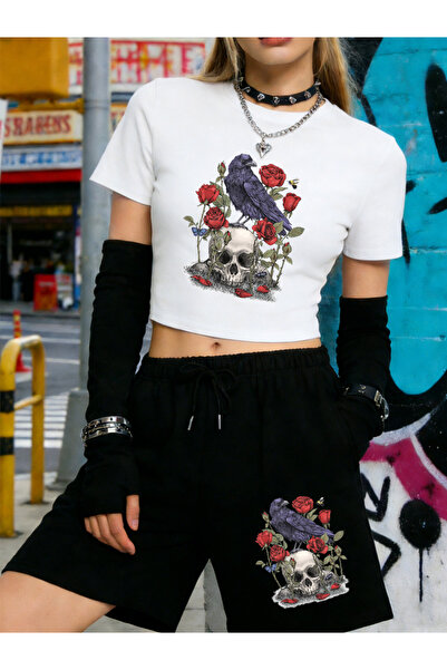 NOISSEY Summer Roses Skulls Printed Babby Teet-Shirt Shorts Women Two Piece S...