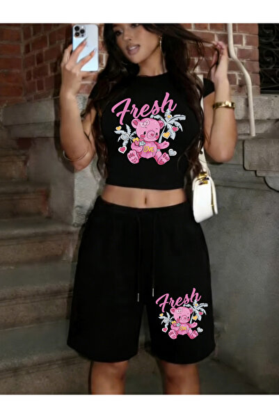 NOISSEY Fresh Bear Cartoons με τύπωμα Crop Tops Παντελόνια Ζεστά γλυκά σετ δύ...
