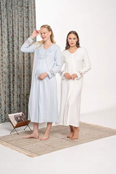 Lohusa Homewear Νέα σεζόν Μπλε νυχτικό εγκυμοσύνης με κουμπιά και μακριά μανί...