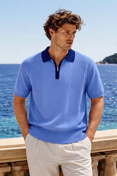 DAMGA JEANS Ανδρικό μπλουζάκι με φερμουάρ, μπλε πλεκτό, με λαιμόκοψη πόλο