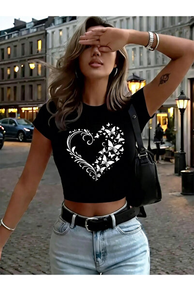 NOISSEY Μπλουζάκια με γραφικές εκτυπώσεις Butterfly Heart Crop T-shirts Καλοκ...