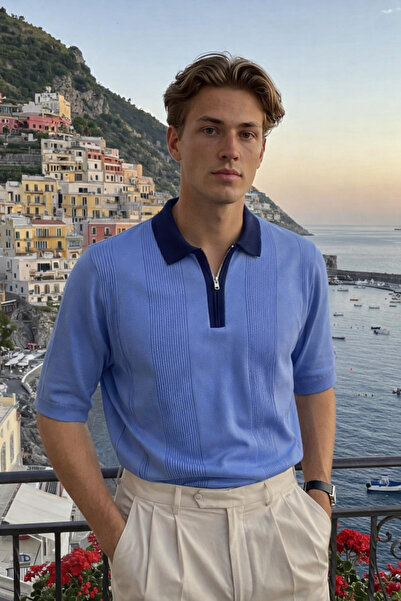 DAMGA JEANS Ανδρικό μπλουζάκι με φερμουάρ Ριγέ πλεκτών κλωστών σε μπλε χρώμα ...