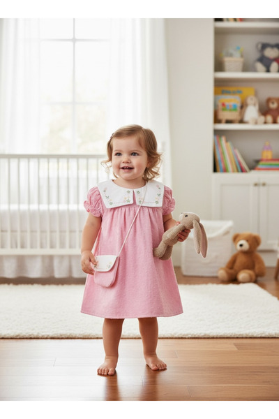 Pufiko Kids %100 Pamuk Kız Bebek Bebe Yaka Çantalı Elbise