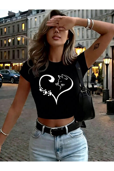 NOISSEY Cartoon Cat Heart με τύπωμα Crop Tops Καλοκαιρινά με λαιμόκοψη O-λαιμ...