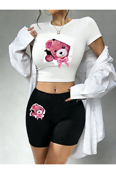 NOISSEY Tricou de vară Cute Pink Teddy Bear cu model Bow Babby Tee Shorts Set...