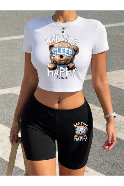 NOISSEY Trend Cartoon Bear Bedtime Happy Printed Babby Teet-Shirt Shorts Wome...