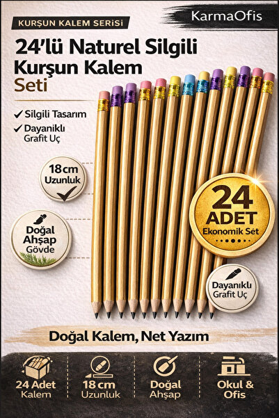 KarmaOfis 24-Pack Natural Pencil with Eraser Hb – 18 cm Natural Wood School O...