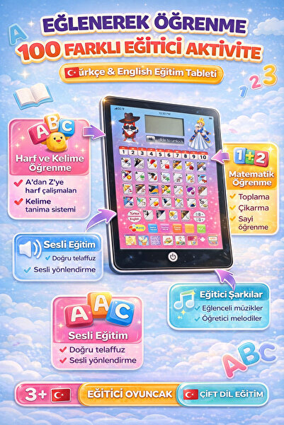 TRENDZONE 100 Fonksiyonlu Sesli Eğitici Çocuk Tableti Türkçe İngilizce Harf K...