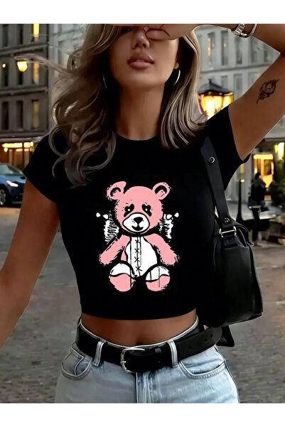 NOISSEY Imprimeuri cu ursuleț drăguț gata de relaxare Tricouri crop pentru fe...