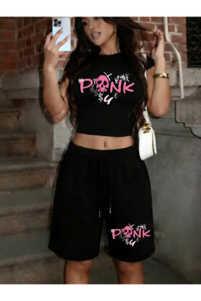 NOISSEY Pink Skull με τύπωμα Babby TeeT-Shirt Παντελόνι Καλοκαιρινό Σετ δύο τ...