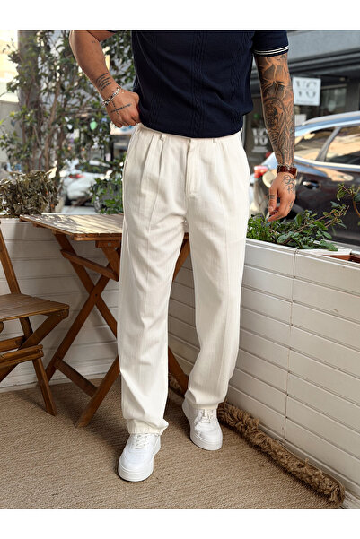 manch collection Pleated Baggy Linen Trousers White