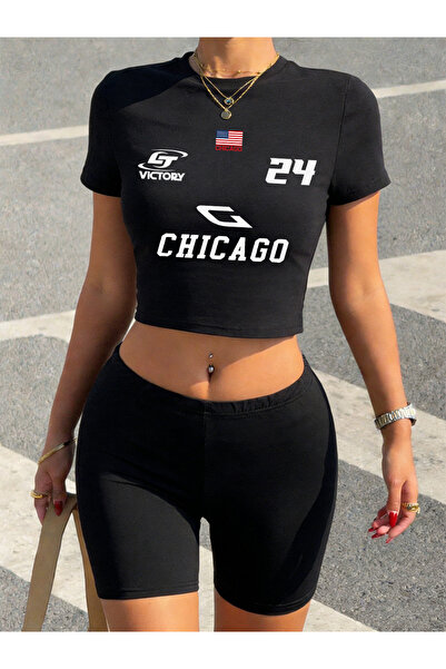 NOISSEY Sexy Chicago Victory Number 24 Prints Crop T-Shirt Shorts Women Two P...