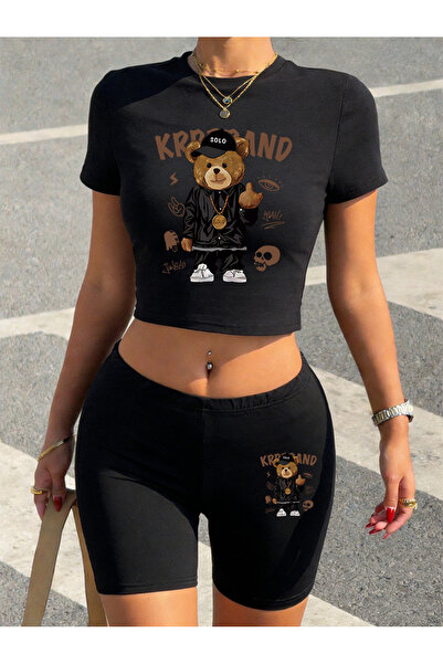 NOISSEY تي شيرت وشورت نسائي من قطعتين على طراز الهيب هوب كارتون بير مطبوع باب...