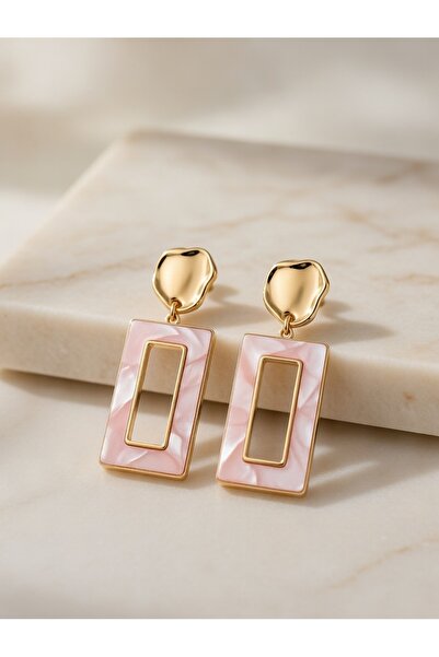 ahsenaksesuar2025 Pink Marble Patterned Gold Color Rectangular Framed Steel E...