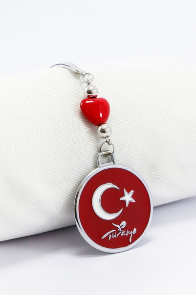 biuti Dikiz Ayna Süsü, Metal Kırmızı Yuvarlak Türk Bayrağı, Kırmızı Cam Kalpli