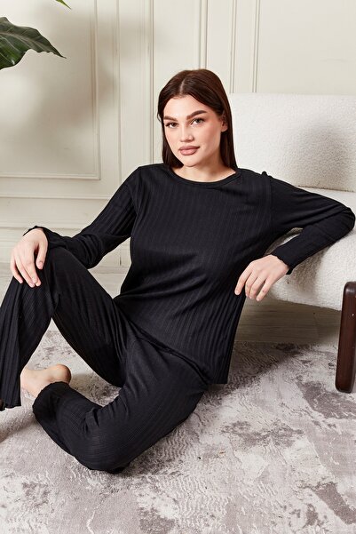 sevateks Kadın %100 Pamuklu Fitilli Pijama Takımı - Uzun Kollu Ribanalı Yumuşak Dokulu Loungewear
