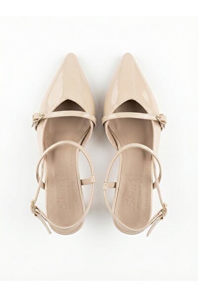 Markasız ucuz Bej parlak rugan ince topuklu sivri burun arkası bantlı toka de...