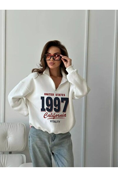 Elvino Unisex Half Zipper Mock Neck White 1997 Printed Oversized Winter Sweat...