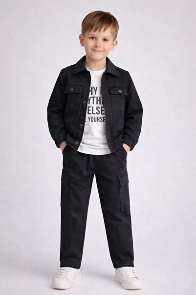harby kids Boy's Black Top with Snap Fasteners Gabardine 3-Piece Set
