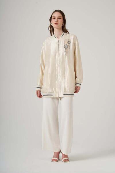 Nuss 6038 Taş Detaylı Fermuarlı Kap – Ekru