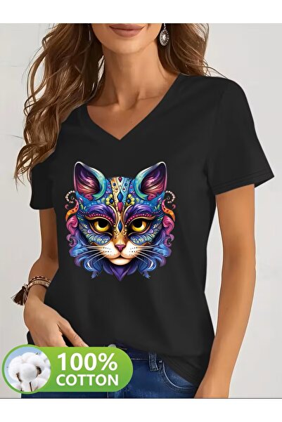 H&GHAMLEGİYİM Printed T-Shirt. Short Sleeve V-Neck Summer & Spring Casual Top...