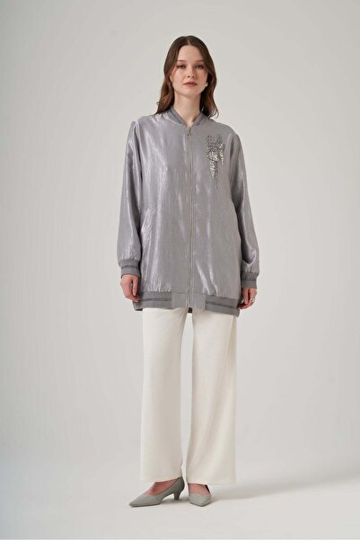 Nuss 6038 Taş Detaylı Fermuarlı Kap – Gri