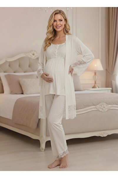 Lohussa Yenisezon Ecru Şık Lace Embroidered %100 P Cotton Summer Buttoned Mat...