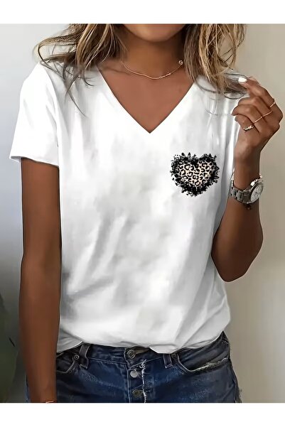 H&GHAMLEGİYİM Printed T-Shirt. Short Sleeve V-Neck Summer & Spring Casual Top...