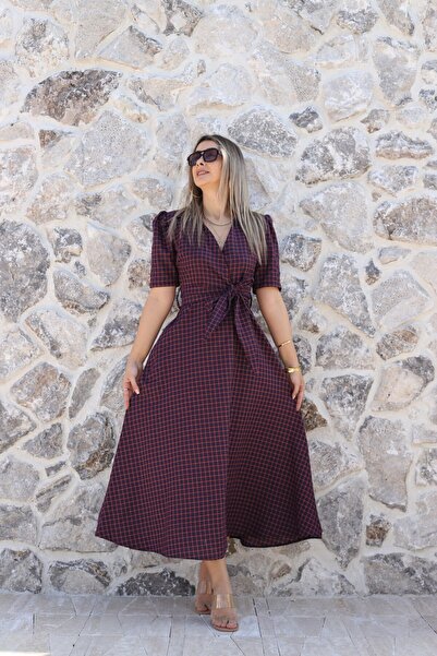 bytugcekaya Bordo Polo Yaka Mini Kareli Elbise