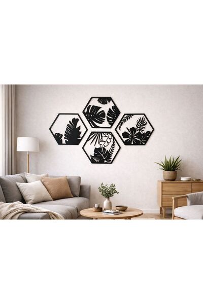 ArliaDesign 4 Parçalı Petek Şeklinde Modern Çiçek Bahçesi Ahşap Tablo Seti / Duvar Dekoru / Siyah 3 mm MDF