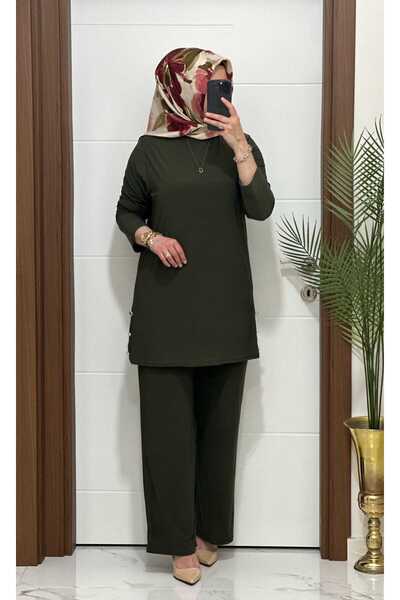 modasura 7045 K 110 HAKİ sandy kumaş düğmelı TUNİK PANTOLON TAKIM büyük beden...