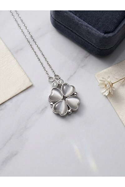 Meneva Aksesuar 2-in-1 Retractable Magnetic Silver Color Steel Clover Necklace