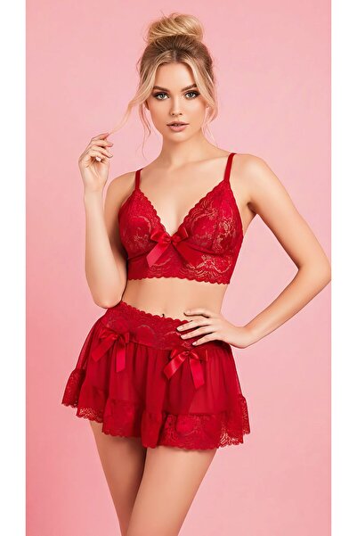 Bleu Petite Red Color Bow Detail Lace Skirted Bra Set