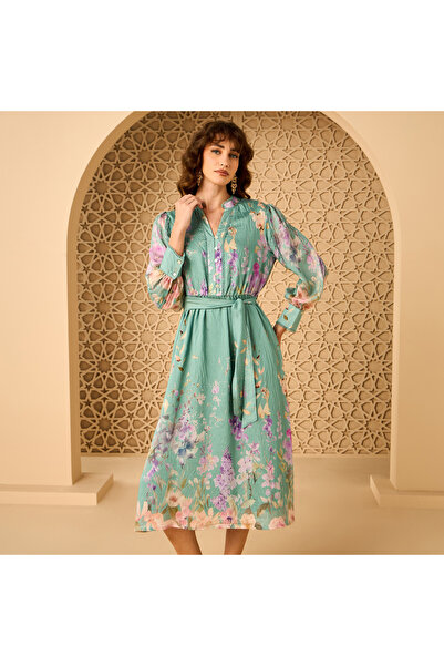 Generic Floral Print Belted Midi Dress
