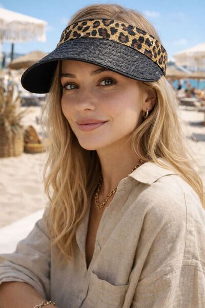 MARBERRY Black Leopard Detailed Straw Visor Tenisci Women's Hat