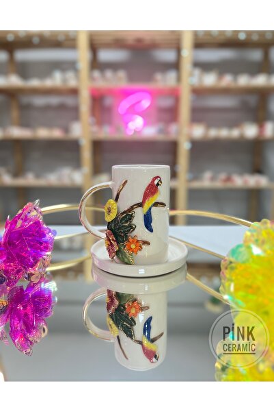 Pink ceramic el yapımı 24k işlemeli Hawai papağan Türk kahvesi fincanı