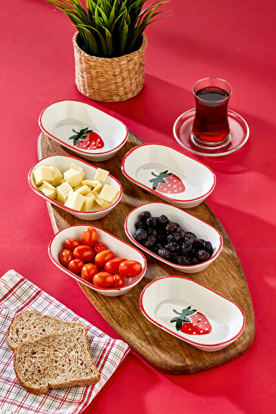 Akkoyunlu home Çilek Patterned Ceramic Oval Snack Bowl Set of 6 Breakfast Sau...