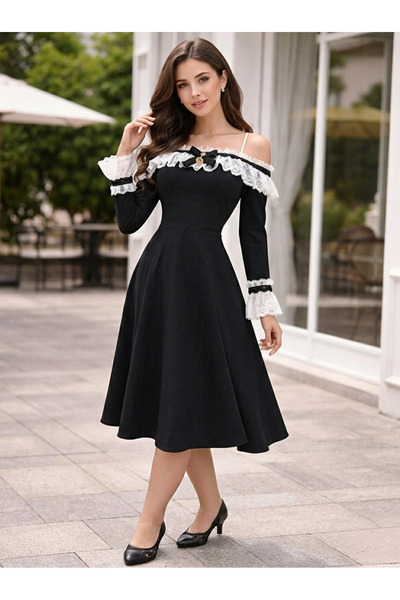 aljwhara Elegant midi dress with white Lace trim